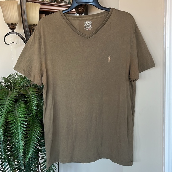 Polo Ralph Lauren Olive Green V-Neck Cotton Short Sleeve T-Shirt Top Pony - Picture 1 of 14